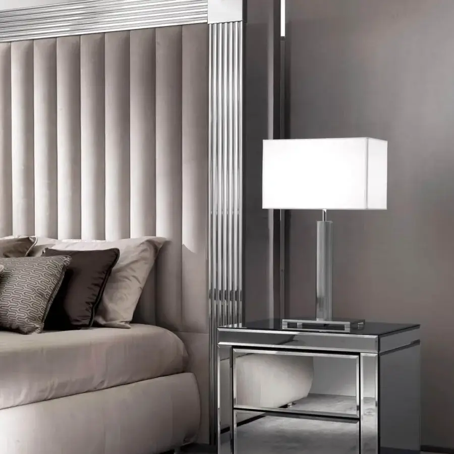 Exceptional DV Home Collection Windsor bed with multilayer light textile upholstery and refined silver-toned stainless steel accents