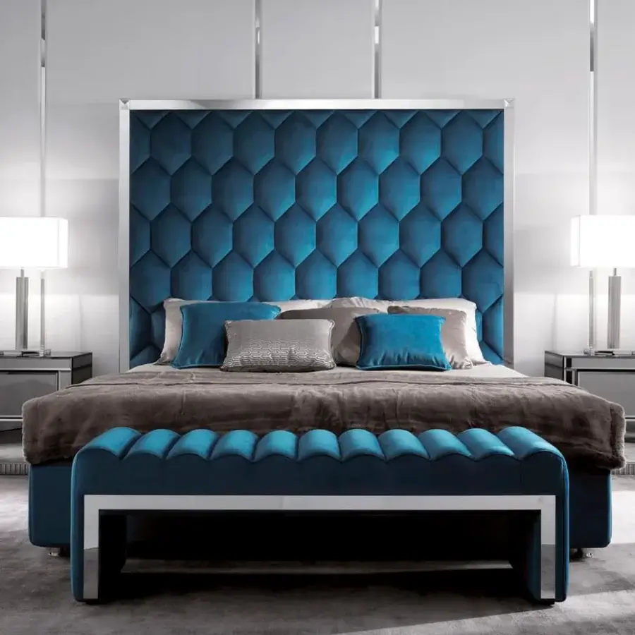 Superior DV Home Collection Envy bench with teal blue textile upholstery and polished mirrored steel accents