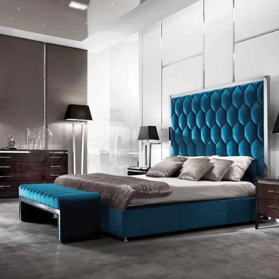 Distinguished DV Home Collection Envy bench with vibrant blue textile upholstery and smooth finish built atop a solid beech wood structure
