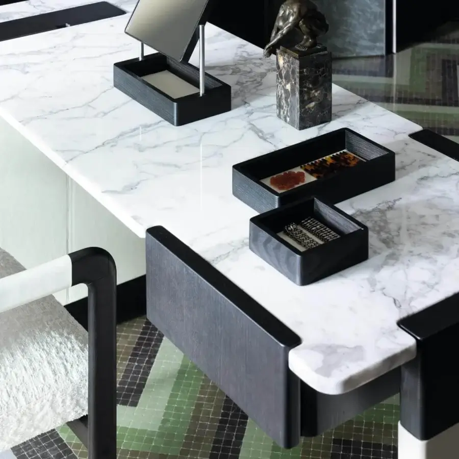 Exceptional Giorgetti Edward vanity with cool white marble and dark ash wood, crafted with leather-covered legs and a hidden compartment