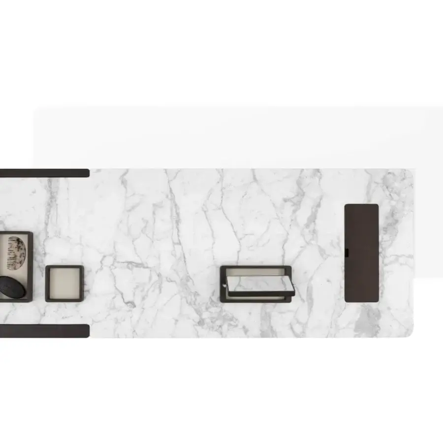 Superior Giorgetti Edward vanity with white marble, flexuous ash structure and dark brown ash drawer built with leather legs
