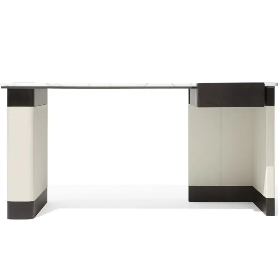 Distinguished Giorgetti Edward vanity in ash with dark brown finish and off-white top exhibits geometric lines and a matching drawer