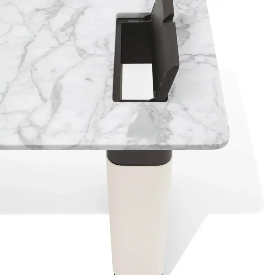 Exceptional Giorgetti Edward vanity in ash with white marble top and light beige finished wide leg