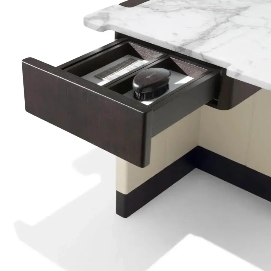 Superior Giorgetti Edward vanity in dark brown ash with white marble top and leather-covered legs crafted with a matte finish