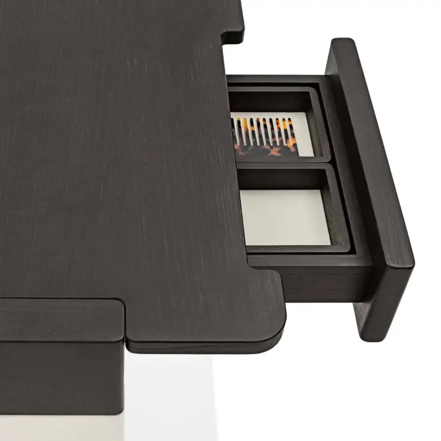 Distinguished Giorgetti Edward vanity in dark brown ash with integrated drawer and leather covered legs, showcasing a matte finish