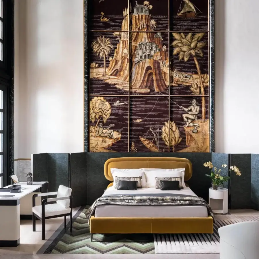Exclusive Giorgetti Vibe bed with upholstered mustard yellow fabric and sleek leather outlining, built with metal feet and circular nightstands