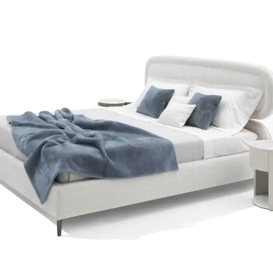 Sophisticated Giorgetti Vibe bed with light beige textured upholstery and slender dark metal feet built with a marble-like nightstand