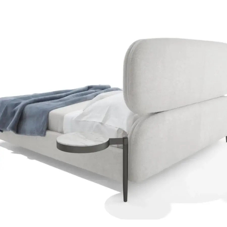 Distinctive Giorgetti Vibe bed with light textile upholstery, refined leather outlining and sleek marble top nightstand built with metal feet