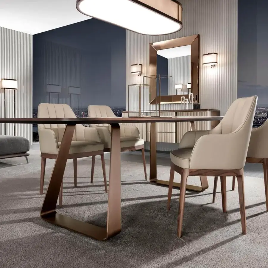 Refined DV Home Collection Charlotte armchair with light beige upholstery in fabric and Noce canaletto matt solid wood structure