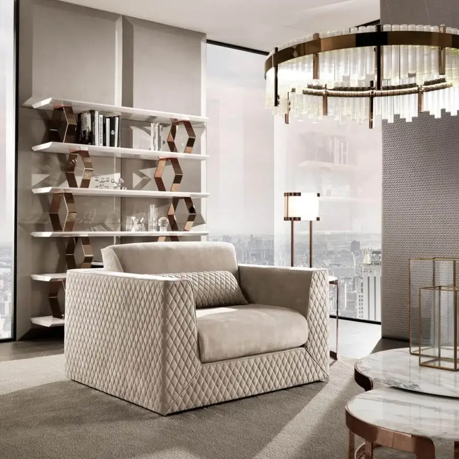 Superior DV Home Collection Deco bookcase with white MDF shelves and refined copper-toned hexagonal metal elements in a sleek matt lacquered finish