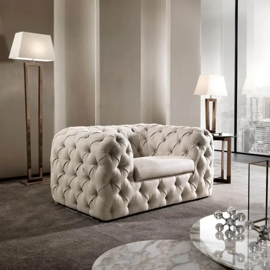 Distinguished DV Home Collection Chelsea lounge chair with light beige fabric upholstery and refined button-tufted cover