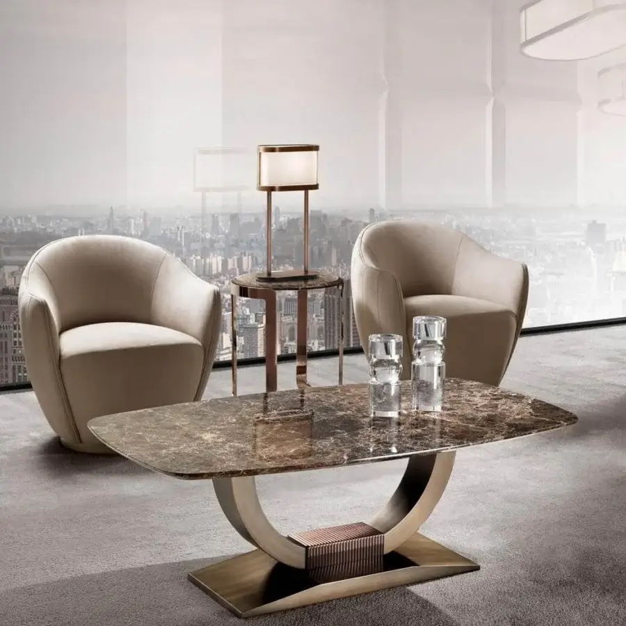 Superior DV Home Collection Coco side table with a steel base and marble top in a Frappuccino finish