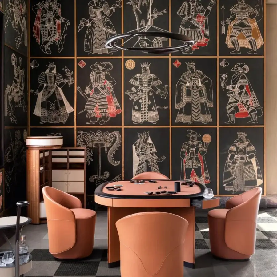 Exceptional Giorgetti Flamingo game table with coral base, smoked glass top, leather upholstery and solid ash edge