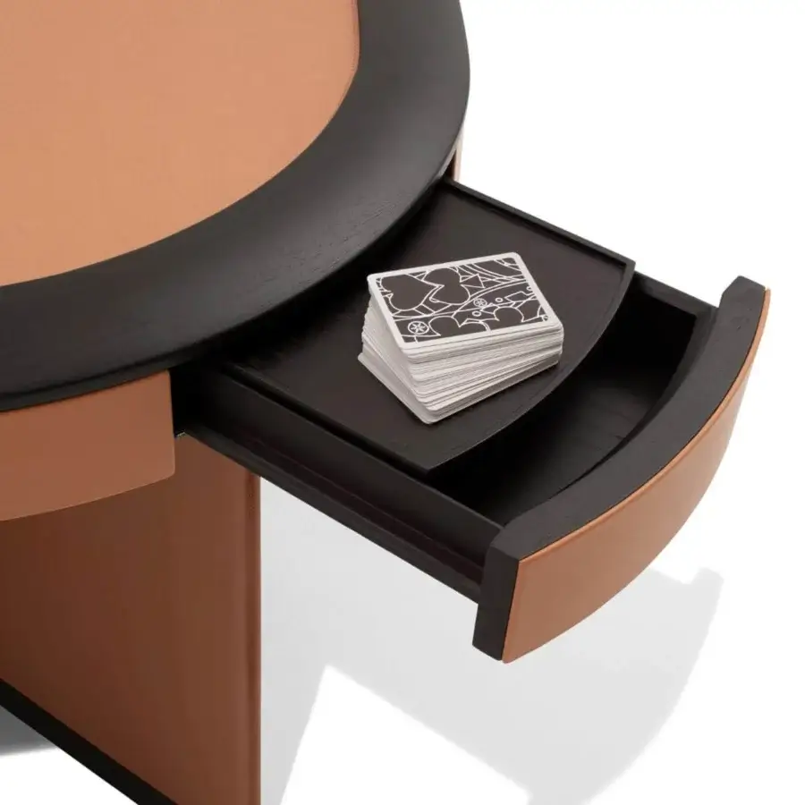 Exceptional Giorgetti Flamingo game table with leather upholstery, smoked glass, and light tan solid ash finish
