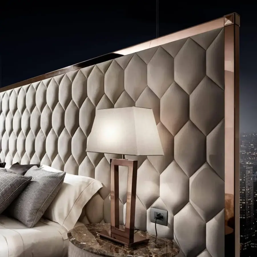 Distinguished DV Home Collection Deco table lamp with a glossy copper metal structure and light beige fabric lampshade