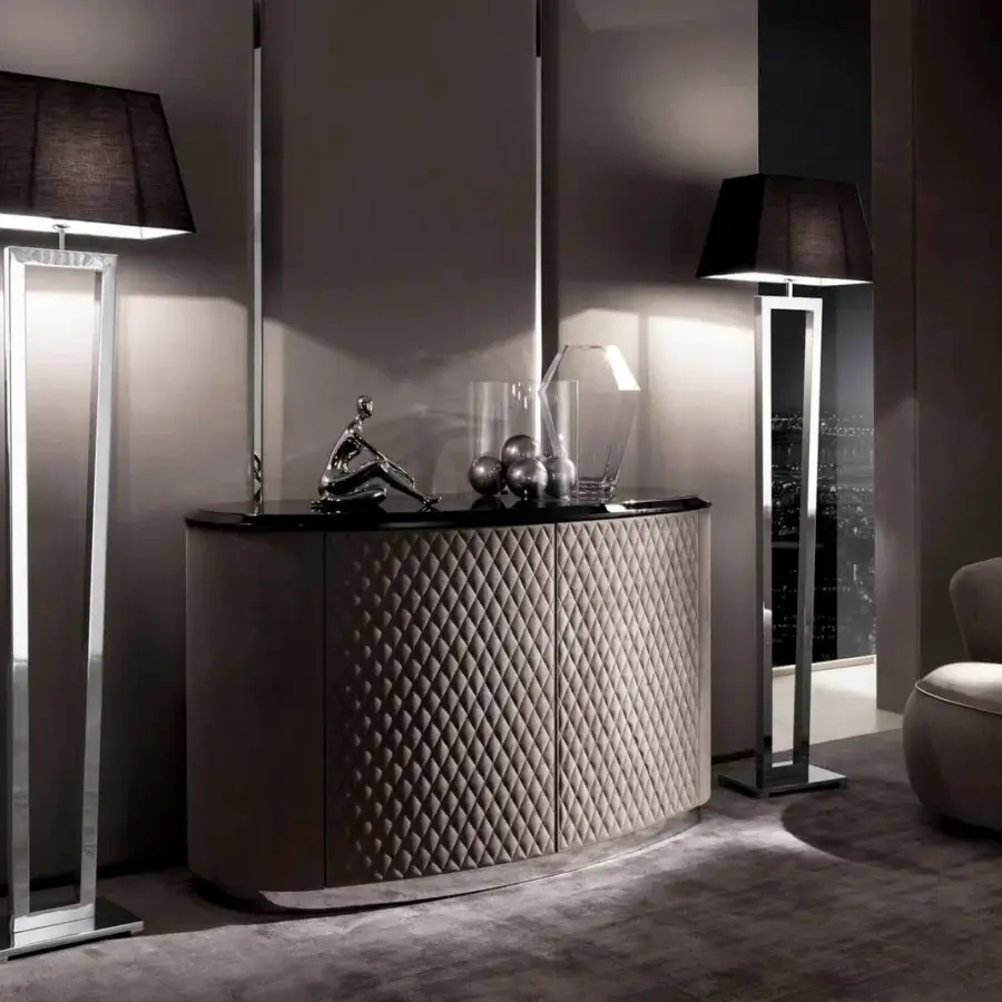 Distinguished DV Home Collection Deco floor lamp with a geometric frame in glossy reflective chrome and a dark textile lampshade