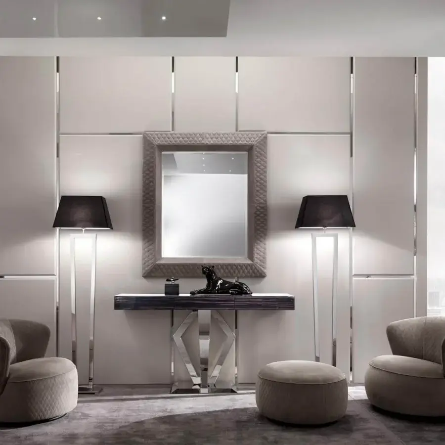 Superior DV Home Collection Deco floor lamp with a sleek silver tone metal structure and refined black fabric lampshade