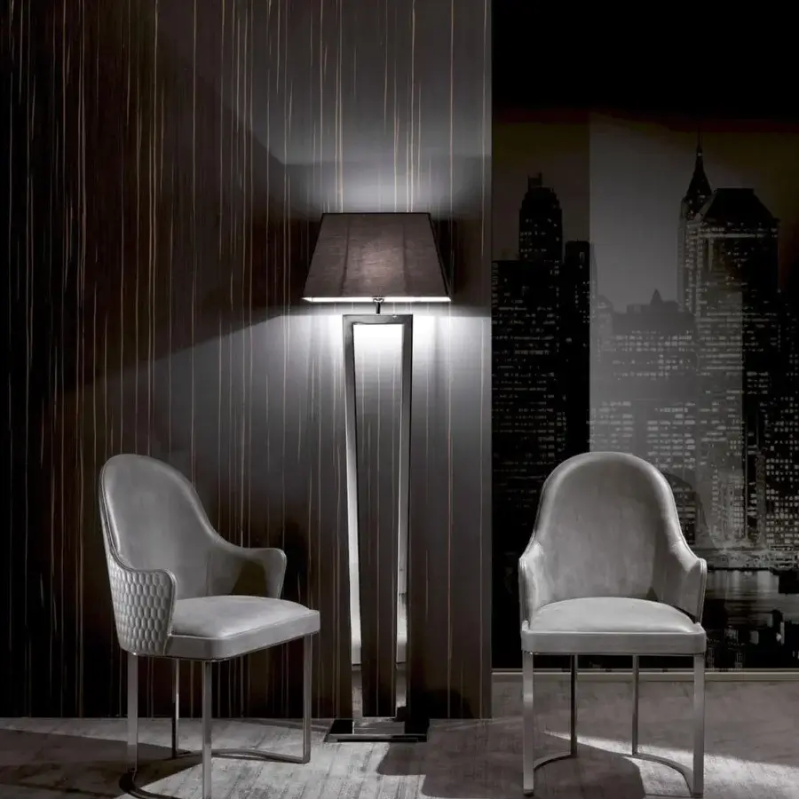 Lavish DV Home Collection Deco floor lamp with a sleek black fabric lampshade and silver metal structure crafted in Italy