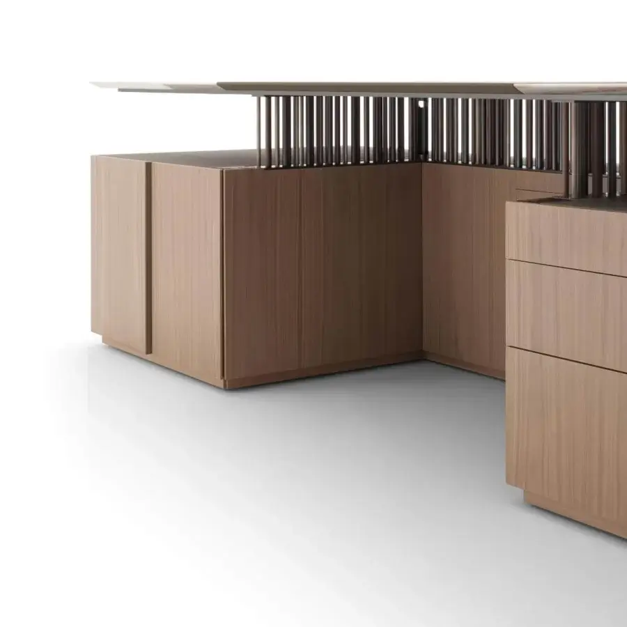 Distinguished Giorgetti G-Code desk with a Canaletto walnut structure and sculptural top in wood with leather pad