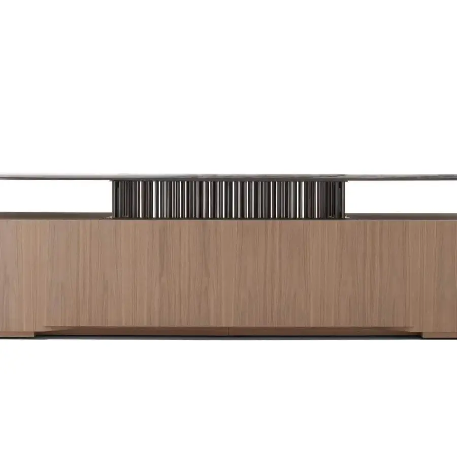 Exceptional Giorgetti G-Code desk crafted with Canaletto walnut, a sculptural marble top in gray shades, and dark metal support rods