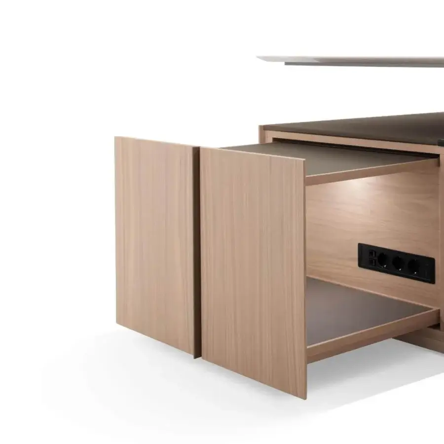 Elegant Giorgetti G-Code desk crafted with Canaletto walnut and leather, exhibiting a matte finish with metal detailing