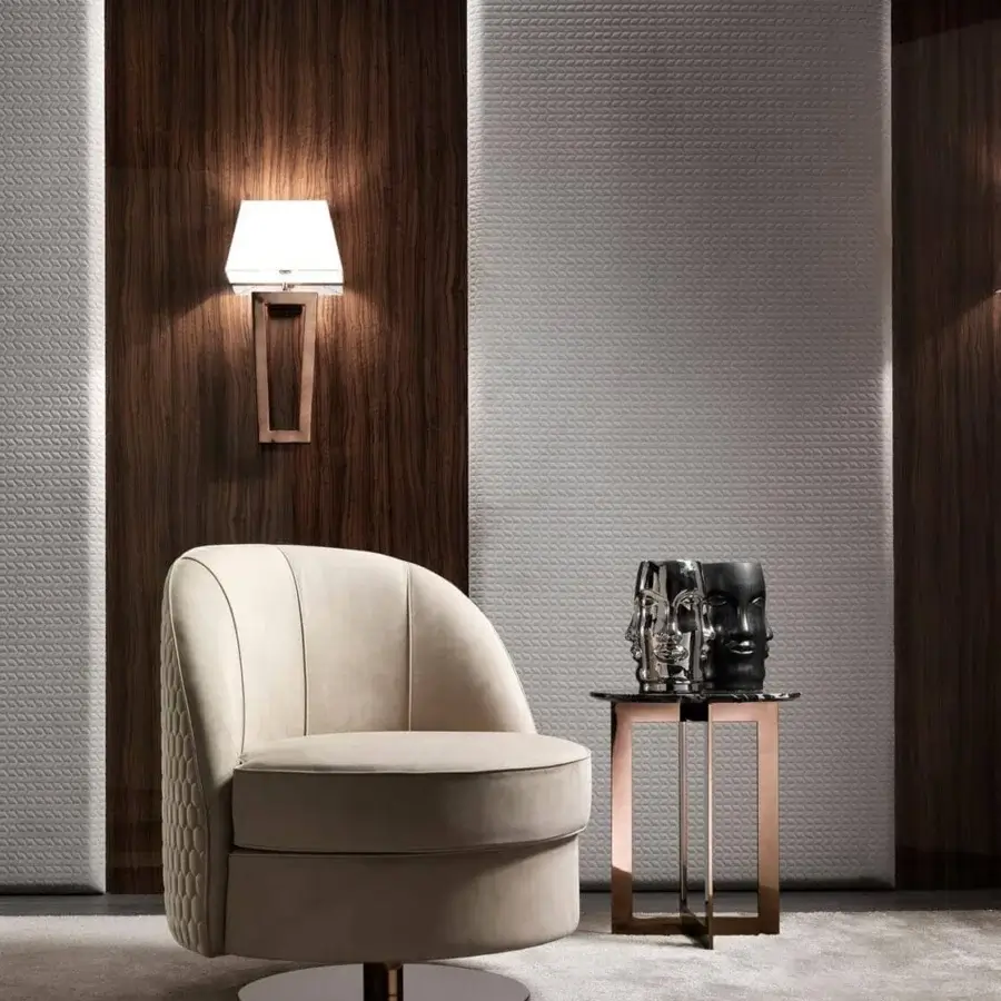 Elegant DV Home Collection Deco wall lamp with a copper-toned metal structure and refined white fabric lampshade