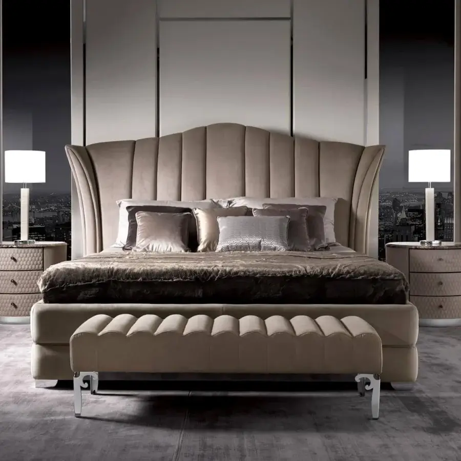 Exceptional DV Home Collection vanity bed with light beige upholstery and vertical quilted headboard crafted in multilayer polyurethane foam