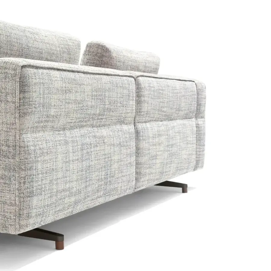 Exceptional Giorgetti Soho sectional with light gray textile upholstery, meticulous stitching and dark Pau ferro feet