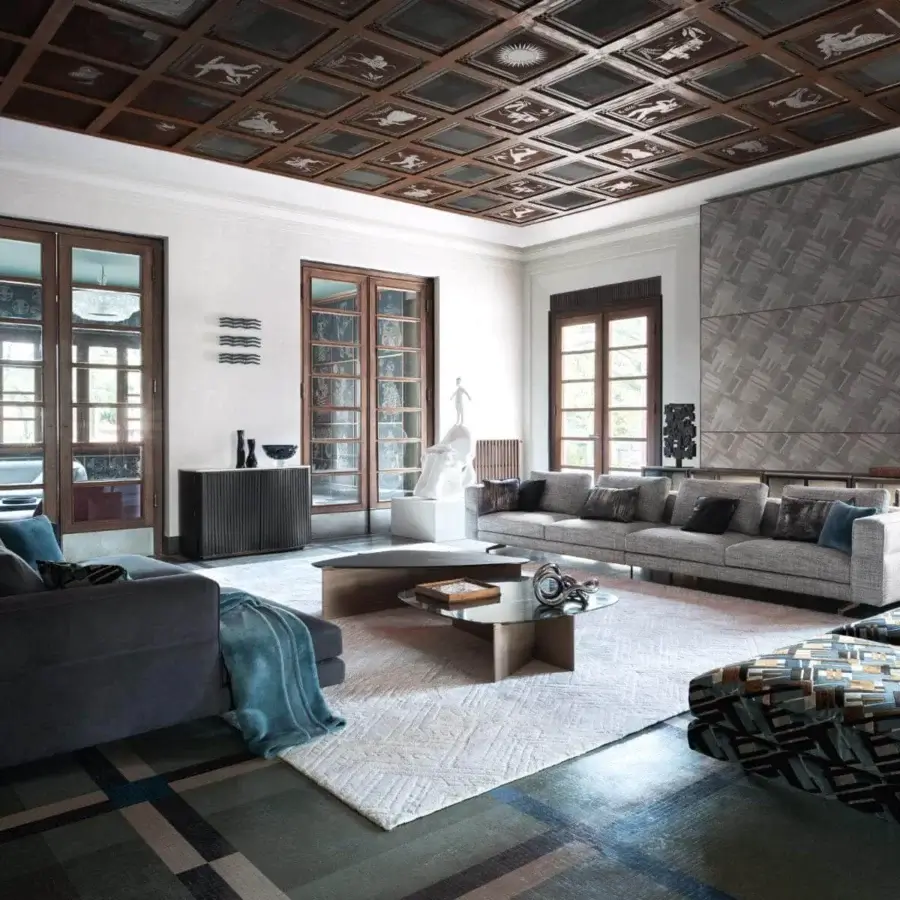 Elegant Giorgetti Soho sectional with dark gray textile upholstery, aluminum feet and an airy geometric silhouette