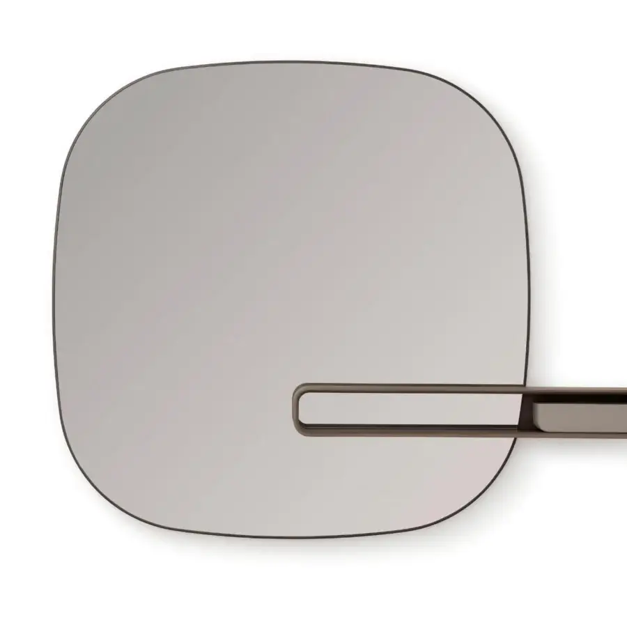Elegant Giorgetti Uyuni mirror with a rounded square silhouette and suspended solid Canaletto walnut shelf in a matte dark brown finish