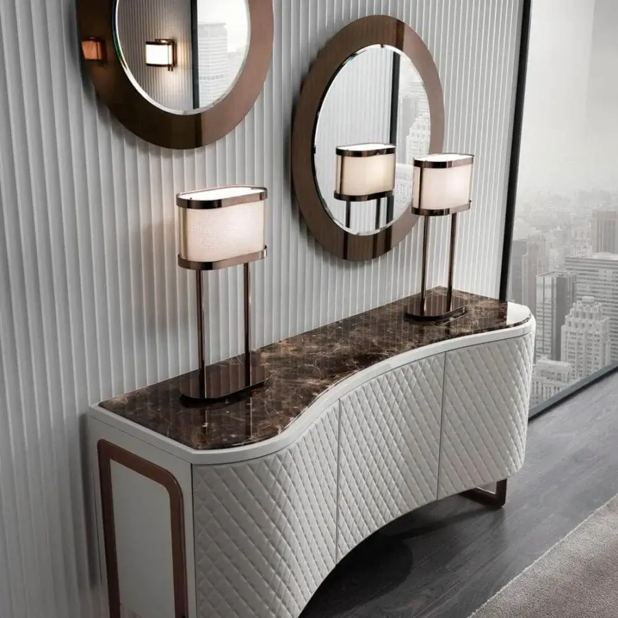 Distinguished DV Home Collection Envy mirror with a natural beveled center and multilayered refined stainless steel frame in glossy brown