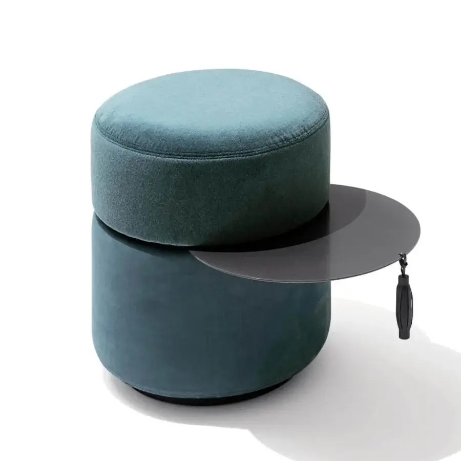 Distinguished Giorgetti Otto ottoman upholstered in muted teal textile with a matte finish and grey leather ribbon detail