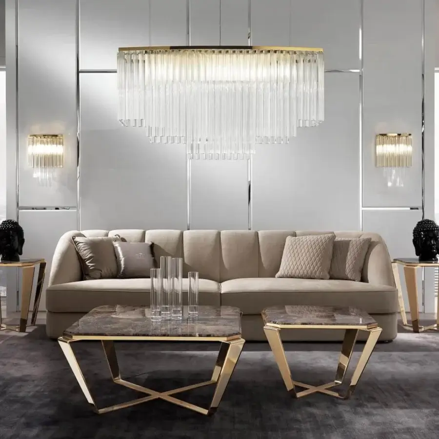Lavish DV Home Collection Hermes suspension lamp with a 24kt gold metal structure and cascading natural crystal pendants