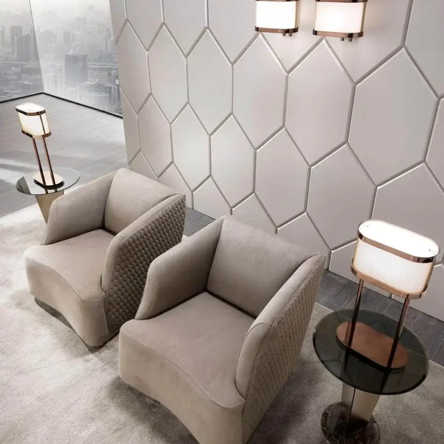 Distinguished DV Home Collection Venice lounge chair with light beige fabric and hexagon quilting built with a metal base