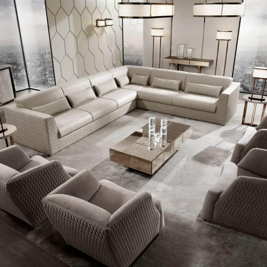 Distinguished DV Home Collection Venice lounge chair in muted gray-beige textile with hexagon quilting and sleek metal base