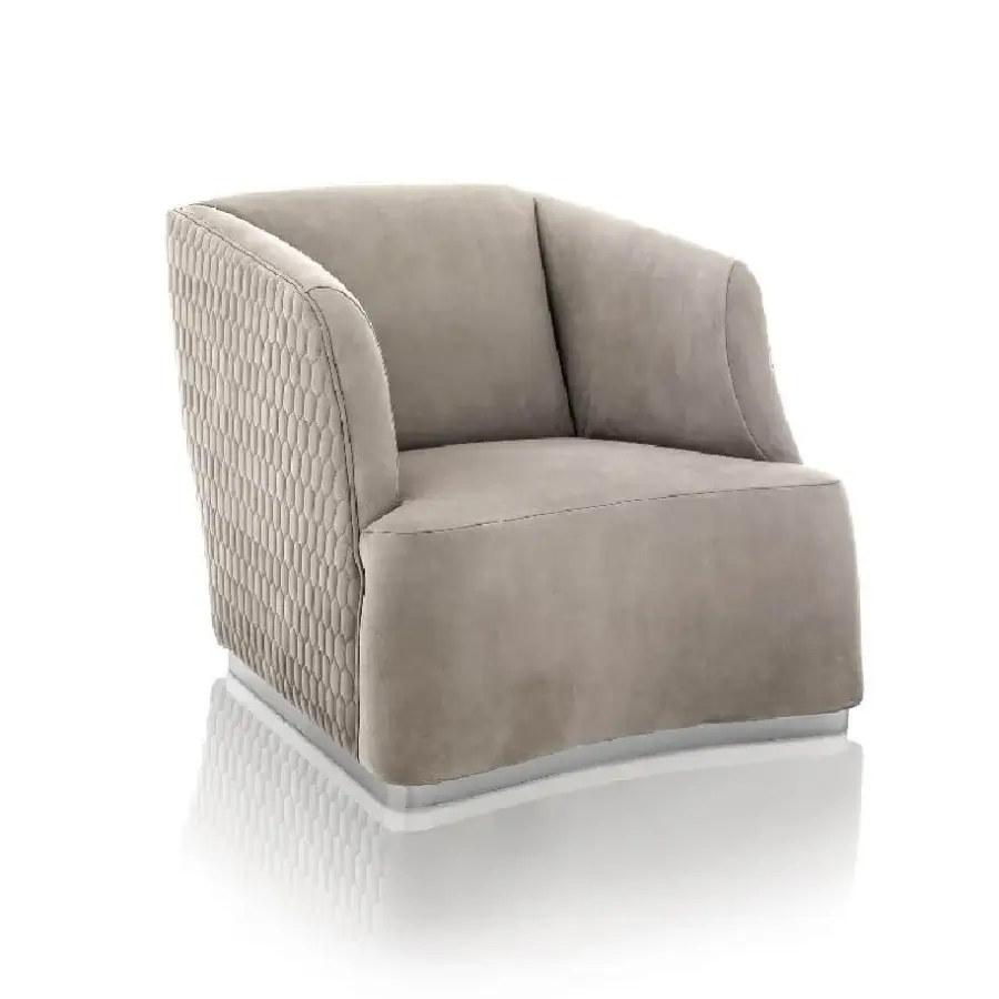 Luxury DV Home Collection Venice lounge chair with light gray textile upholstery and refined hexagon quilting on a reflective metal base