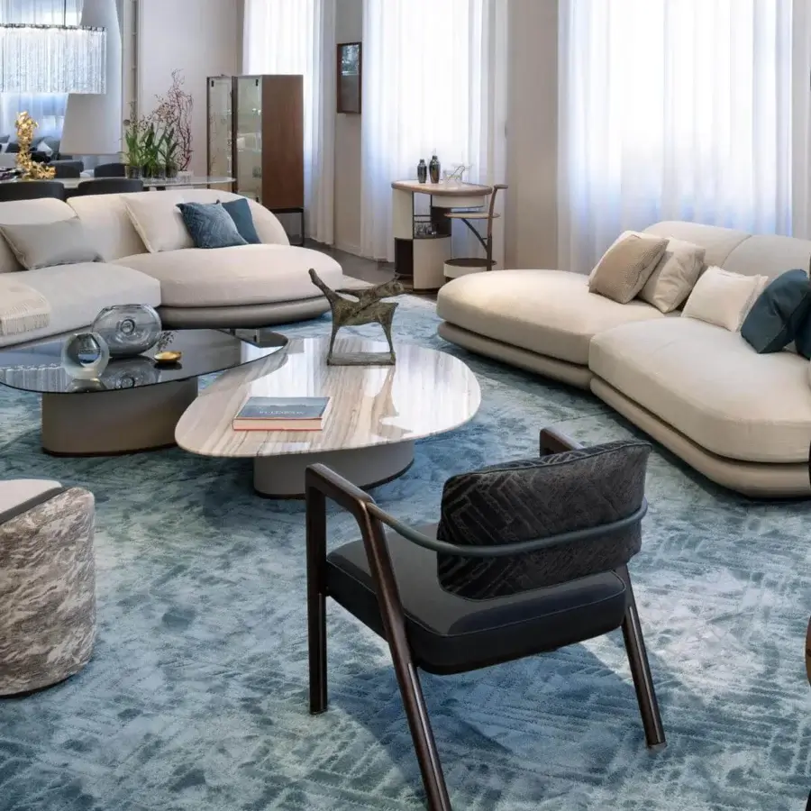 Exclusive Giorgetti Summa ottoman with marbled gray and white textile and matte leather trim crafted in Italy
