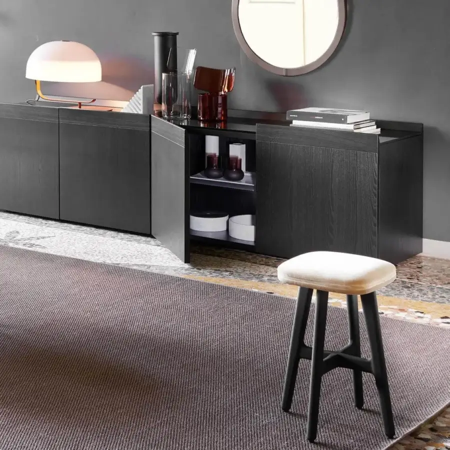 Exceptional Potocco Avant sideboard crafted in veneered Canaletto walnut with matte finish and black back-painted glass shelving