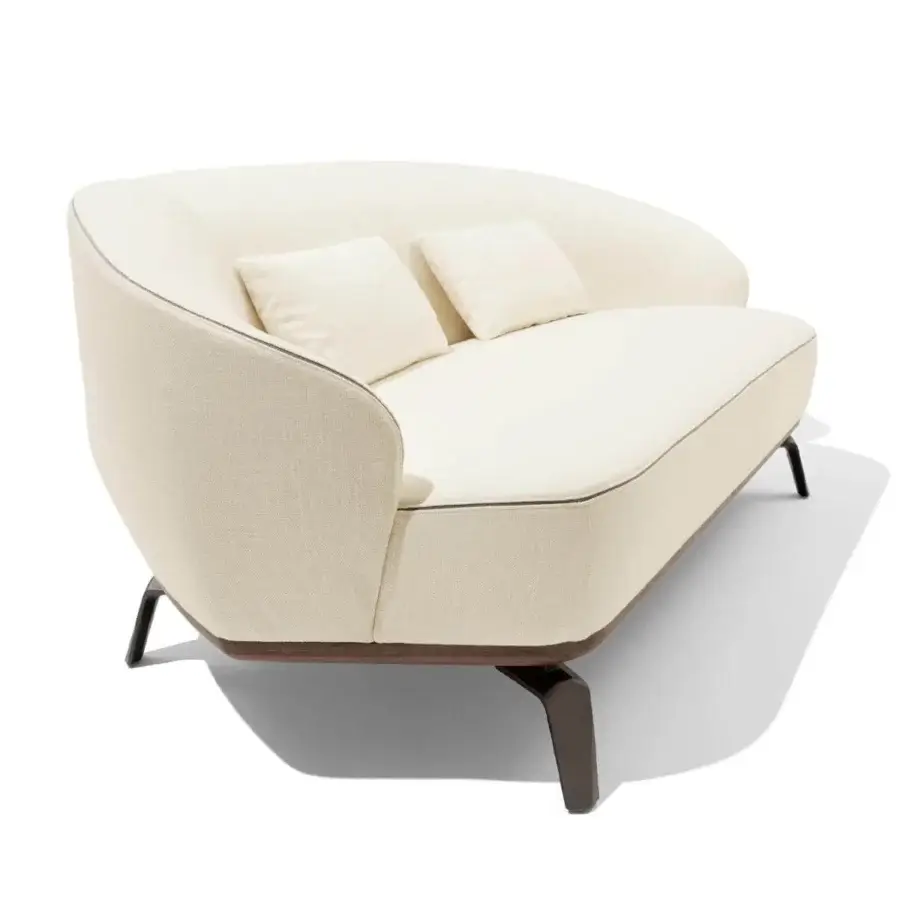 Sophisticated Giorgetti Tamino sofa with light woven textile upholstery and dark accent piping built on a Canaletto walnut base with metal feet