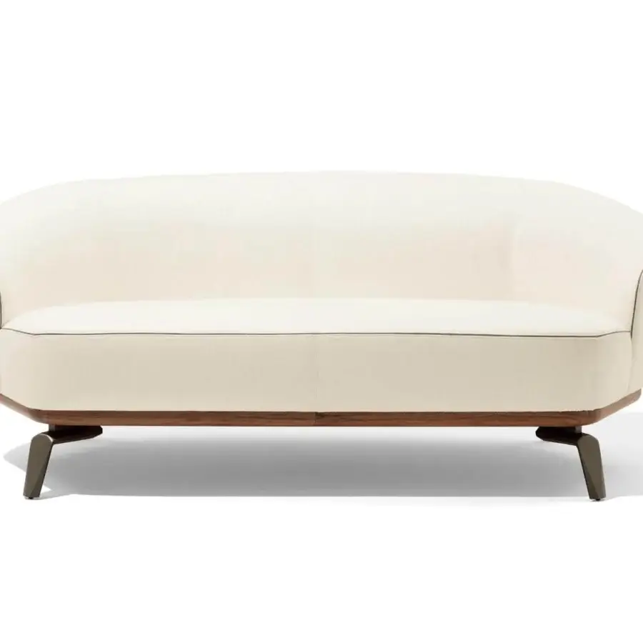 Distinguished Giorgetti Tamino sofa with light textile upholstery, Canaletto walnut base and characteristic leather piping detail