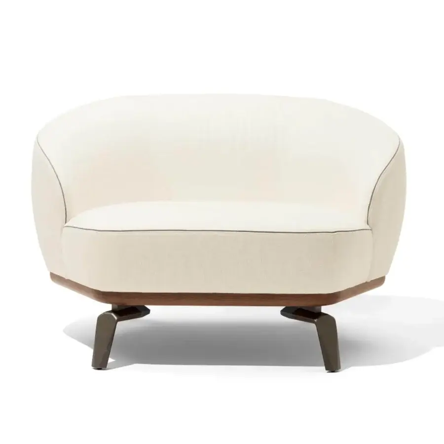 Lavish Giorgetti Tamino lounge chair with light textile upholstery and medium-toned Canaletto walnut base crafted with angled legs