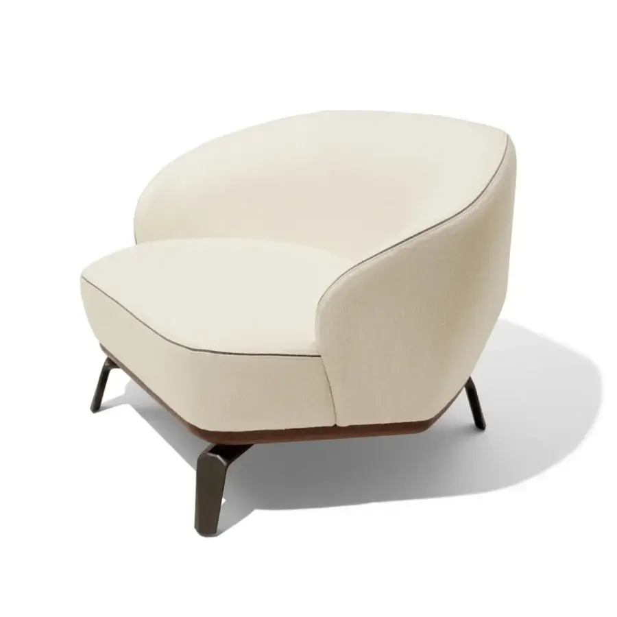 Distinguished Giorgetti Tamino lounge chair with light cream woven textile and Canaletto walnut base built with dark metal feet