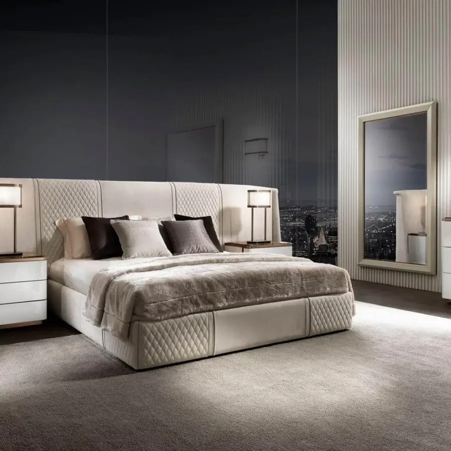 Exclusive DV Home Collection Coco Maxi bed with light beige textile and diamond quilted finish presents a sophisticated multilayer structure
