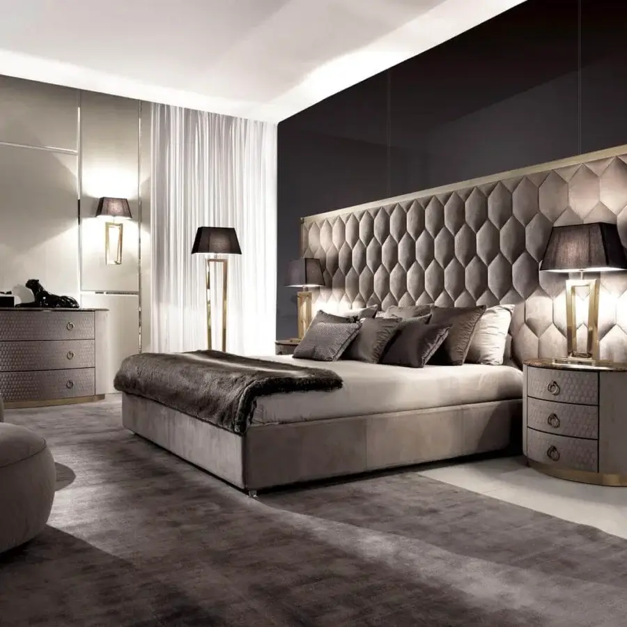 Exclusive DV Home Collection Envy bed crafted in Italy with warm gray textile upholstery and hexagon quilted headboard