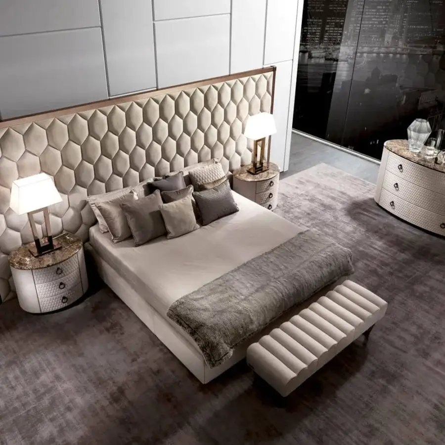Lavish DV Home Collection Envy bed crafted in Italy with light beige textile upholstery and refined hexagon quilting
