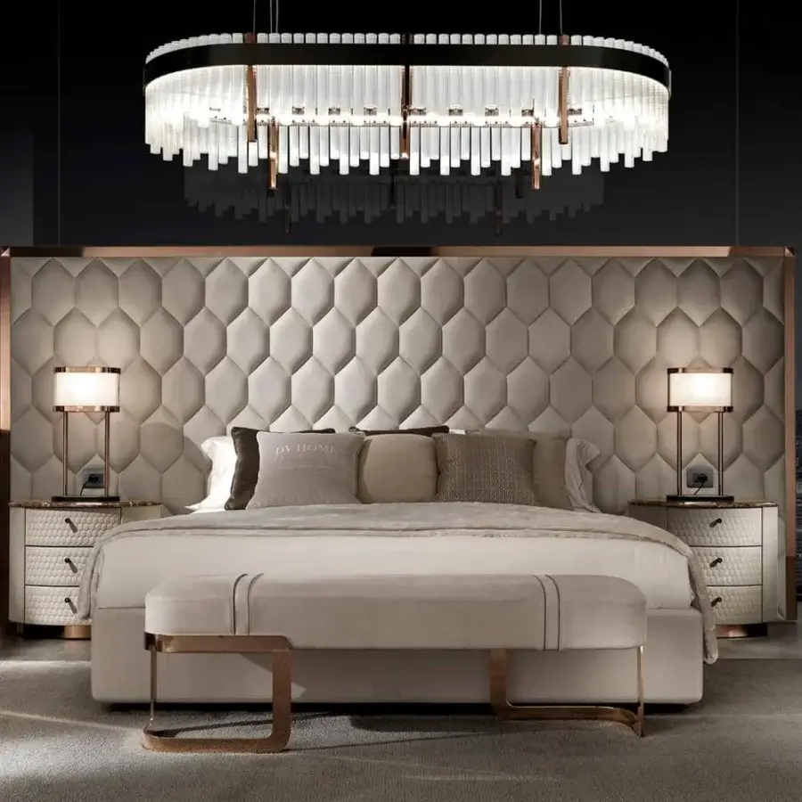 Superior DV Home Collection Envy bed built with multilayer structure and light beige fabric upholstery with rose gold finish