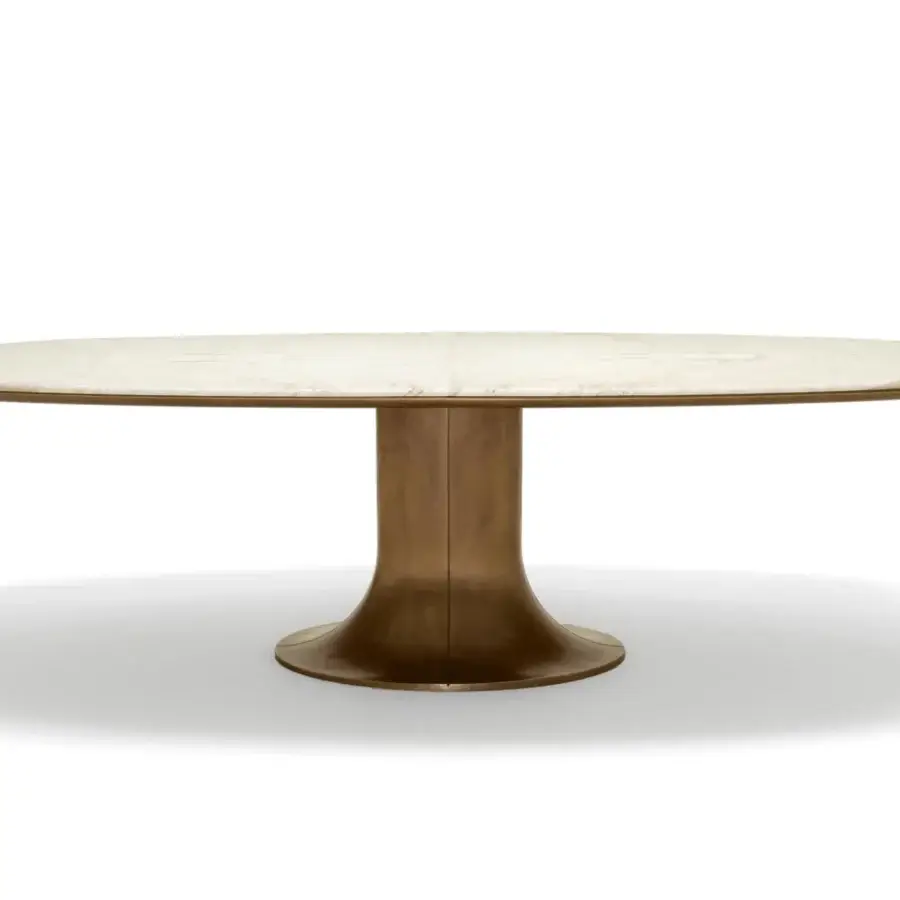 Exceptional Giorgetti Mizar table with an asymmetric oval marble top and warm cast bronze base finish