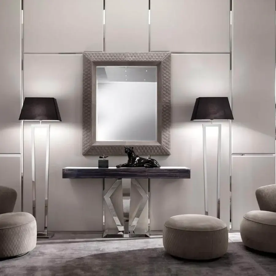 Exceptional DV Home Collection Byron mirror ottoman crafted in light brown quilted leather with a natural bevelled mirror