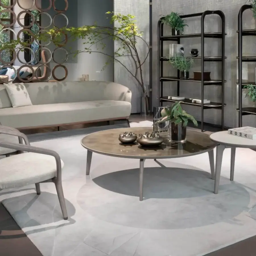 Elegant Giorgetti Blend side table with light gray synthetic top and subtly angled ash wood legs crafted in Italy