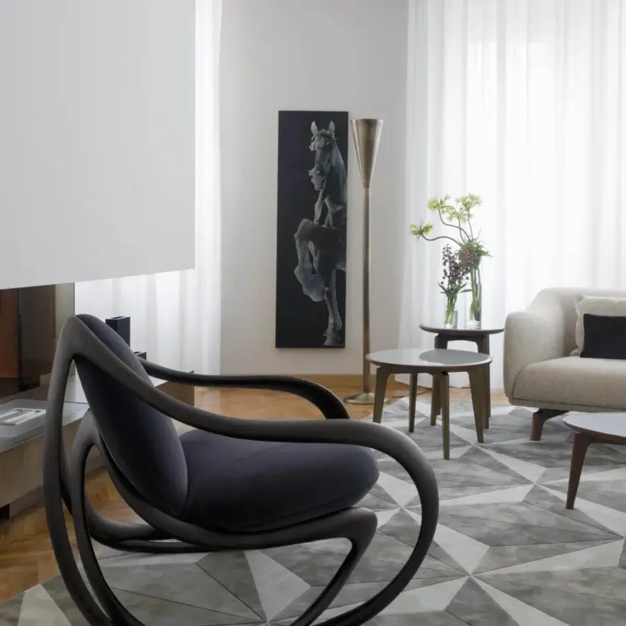 Distinguished Giorgetti Blend side table with painted glass top and ash wood base crafted in Italy
